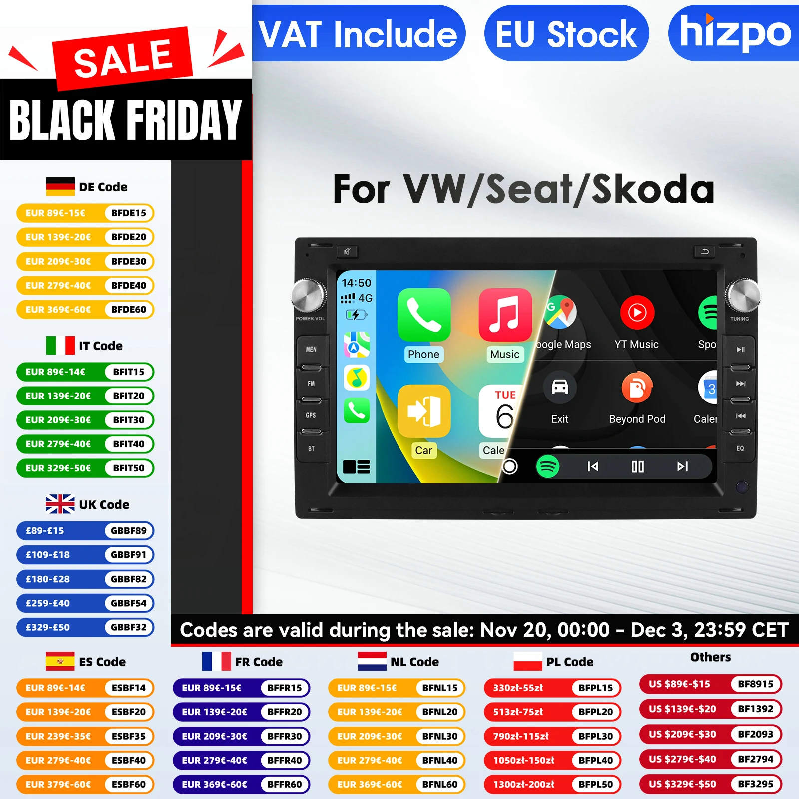 Hizpo 2 Din Android 14 lecteur multimédia de voiture pour VW Golf 4 Passat POLO Transport T5 GPS Carplay 4G écran Intelligent Autoradio