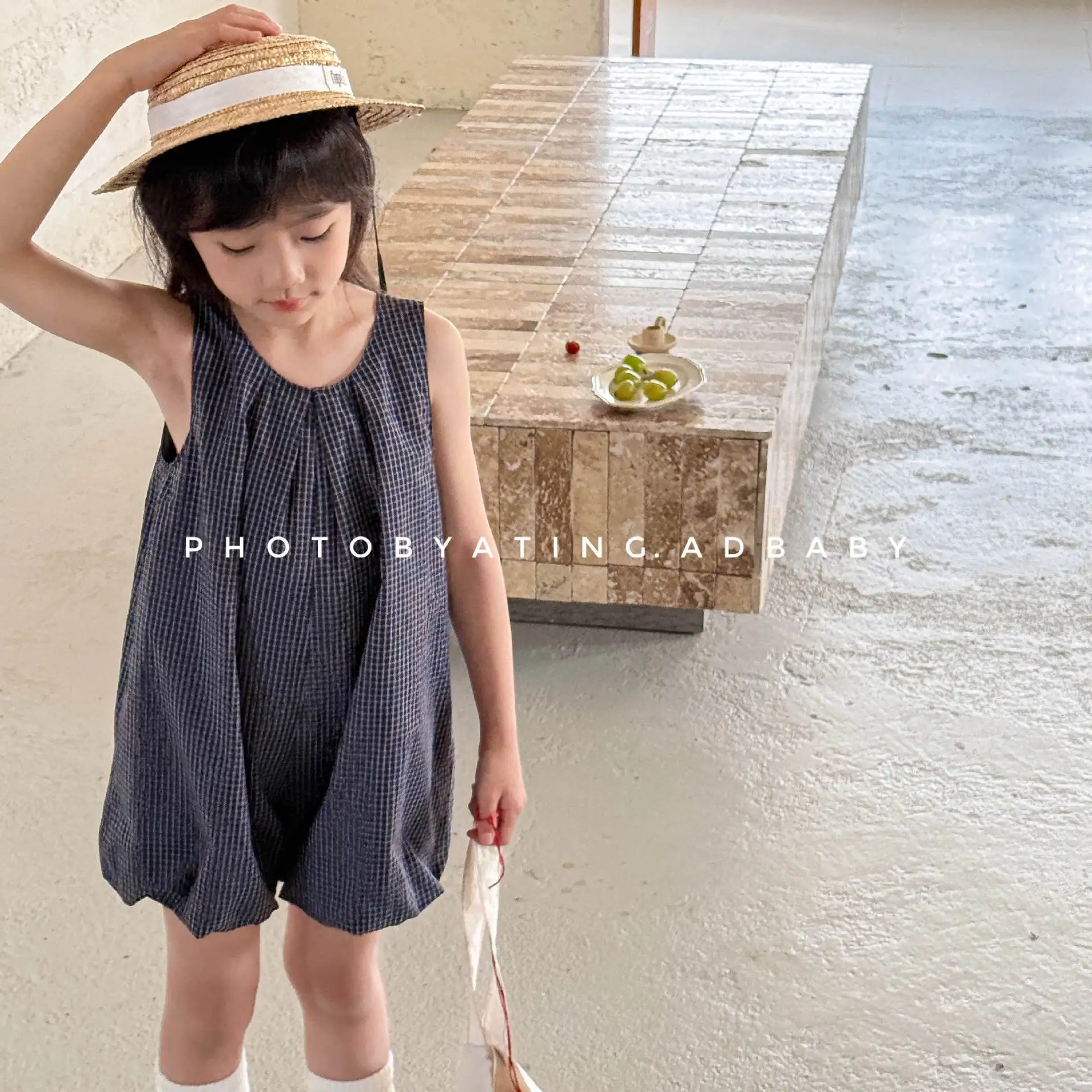 2025 Summer New Girls Fashion Plaid Jumpsuit Cotton Children Casual Overalls Kids Sleeveless Jumpsuit Baby Girl Loose Clothes