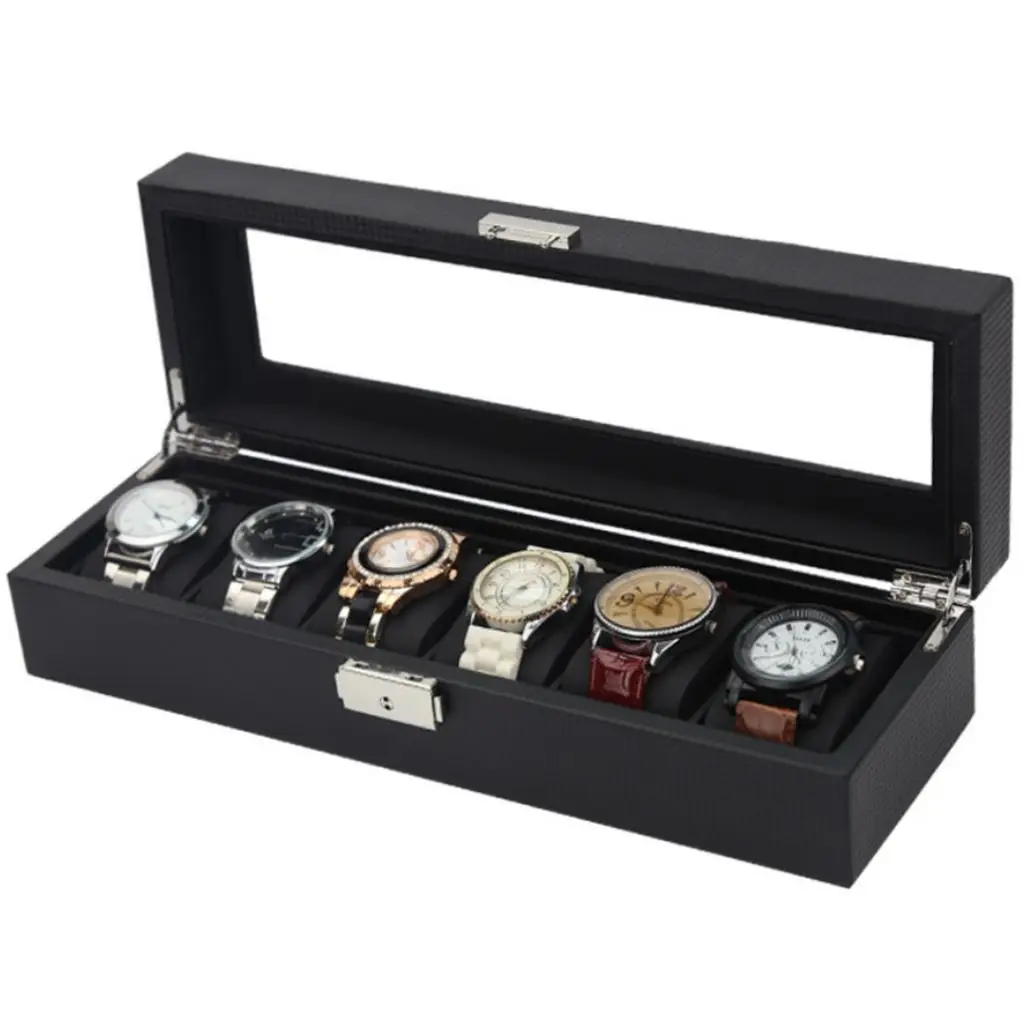 

6 Slot Watch box Watch Case Mens Lockable Watch Holder PU Leather Jewelry Organization Case Glass Top