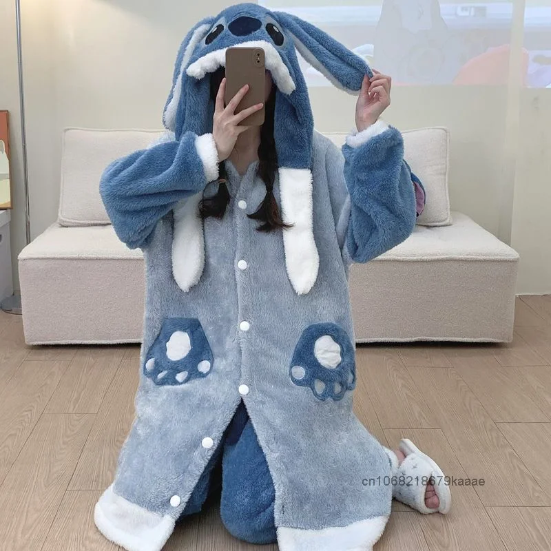 Disney Stitch Cute Cartoon Soft Fluffy Home Wear Female Autumn Winter New Dormitory Pajamas Y2k Sweet Girl Casual Nightrobe Set