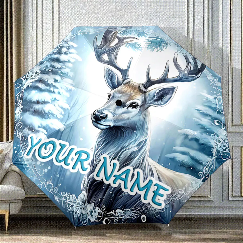 Custom Name Umbrella Personalized Deer Design Umbrella - Winter Forest Theme Portable Folding Umbrella,Christmas Gift