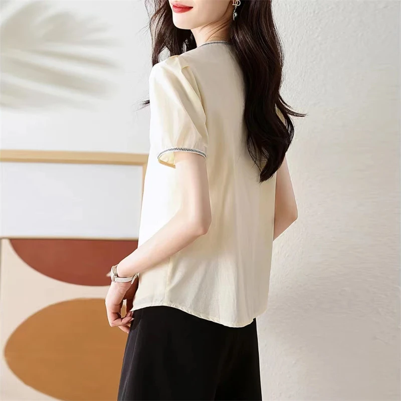 Women's Clothing 2024 Summer Fashion Elegant Chic Button Up Shirt Office Lady Casual Short Sleeve Blouse Solid O Neck Loose Tops