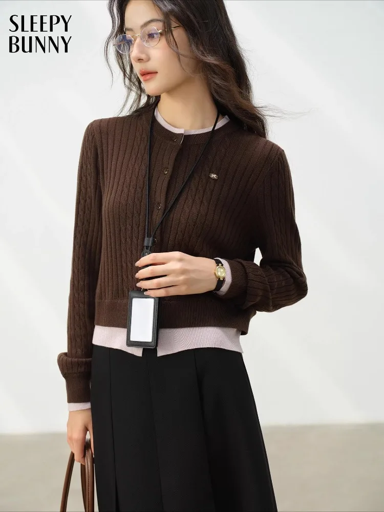 

Elegant Knit Cardigan Women Contrast Color Faux Two Piece Sweater Slim Fit Cable Knit Long Sleeve Top Casual Inner Layer Outfit