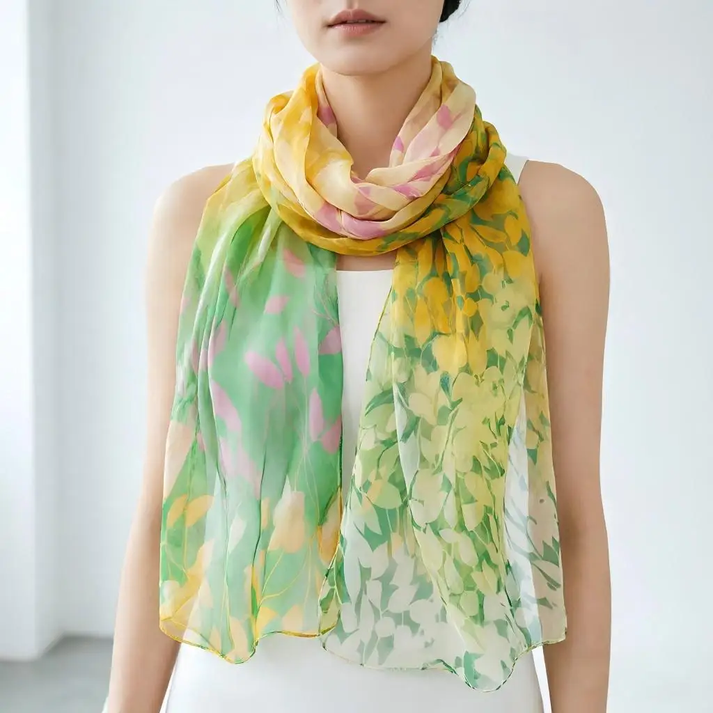 

Women Abstract Leaf Print Chiffon Scarf Lightweight Sheer Shawl Wrap 160cm Gradient Botanical Scarf Beach Hijab Foulard Stole