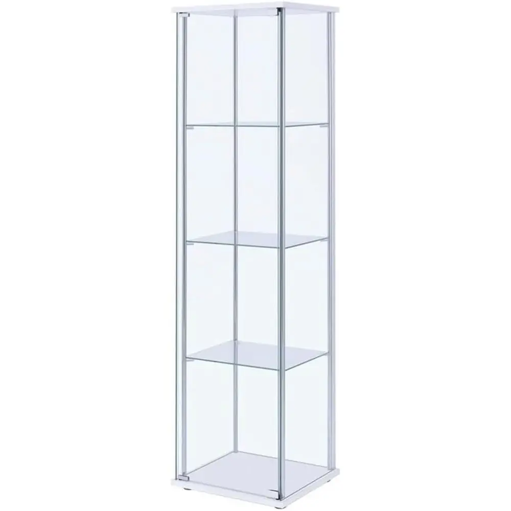 ern 4 Shel Glass Display Case Cabinet, Chrome Support Beams, White Top/Base inish, Metal truction, 63.75