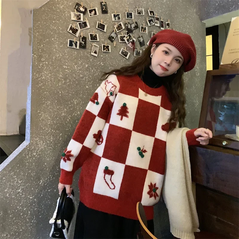 

Women's Clothing Thick Loose Casual Lazy Sweater Autumn Winter Fashion Cartoon Jacquard Plaid Knitted Pullovers O-neck Basic Top