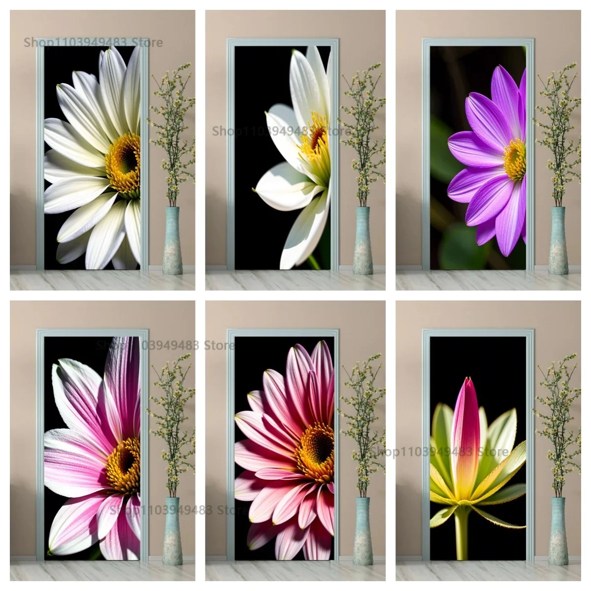 Colorful Blooming Flowers Series Art Mural Wall Adhesive Plates Full Door Wrap Sticker for Room Cabinet Closet Ornamental Decals