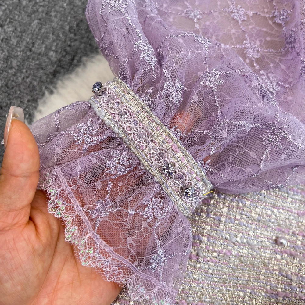 Luxury Fashion Spring Autumn Party Dress 2024 New Women Purple Bowknot Mesh Patchwork Tweed Diamonds Beaded Embroidery Vestidos