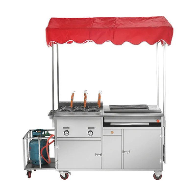 Carrito de aperitivos multifuncional móvil con plancha para tofu picante, carne estofada, desayuno y pinchos fritos, ideal para mercado nocturno