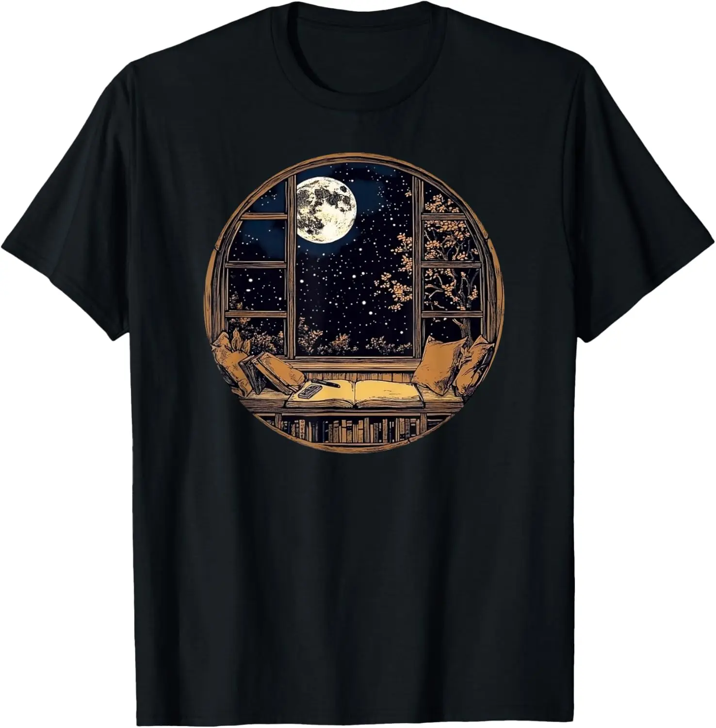 Moon Book Bookshelf Library Star Stars Pattern T-Shirt
