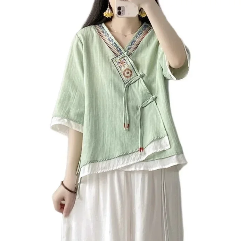 

New Summer Ethnic Styly Women Tops Slanted Lapel Three-quarter Sleeve Shirts Vintage V-Neck Loose Cotton Linen Shirt Short Blous
