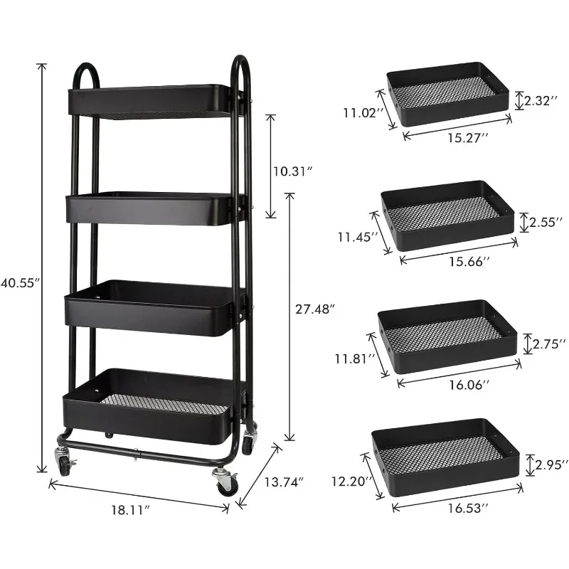 4-Tier Metal Mesh Utility Rolling Cart, Storage Organizer Trolley Services Cart with Lockable Wheels for Kitchen, Bathroom