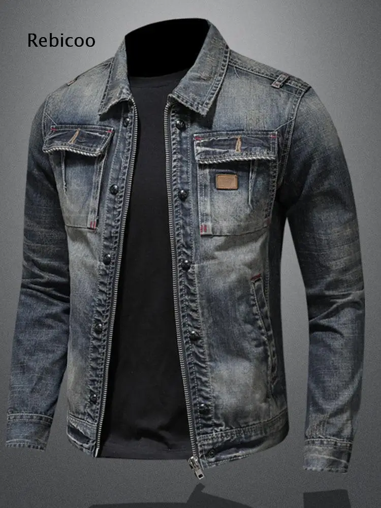 Collared Dual Fasten Denim Jacket For Men Vintage Washed Outerwear Chest Pockets For Daily Matching And Outdoor Casual Use
