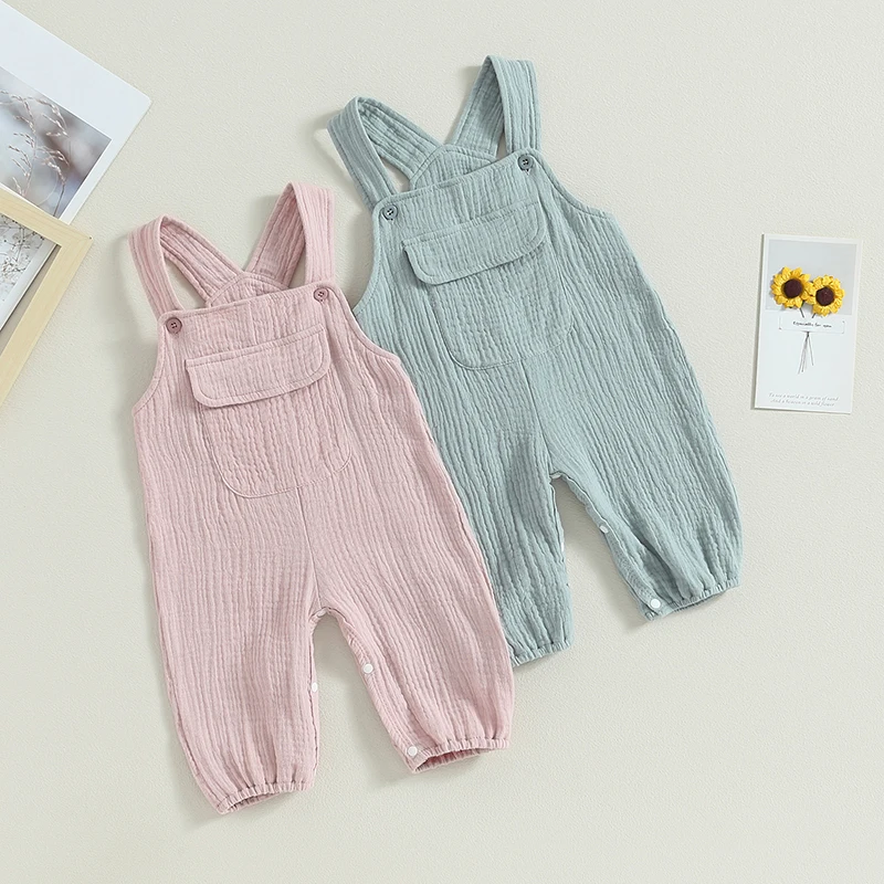 Casual Baby Girls Boys Rompers Solid Color Sleeveless Straps Jumpsuits Summer Infant Clothes Pocket Bodysuits Overalls