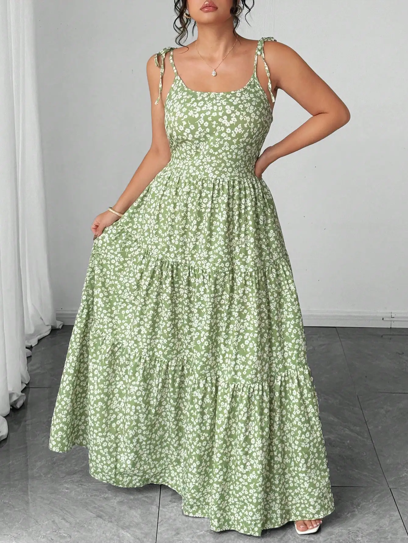 

Light Green Tiny Floral Tiered Maxi Dress With Tie Shoulder Straps, Casual Summer Gown For Women Plus Size Outfit