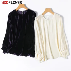 100% Mulberry Silk Lining Women Silk Velvet Blouse  Purple White Shirt Top Pullover O Neck Lantern Long Sleeve Office Lady M1215