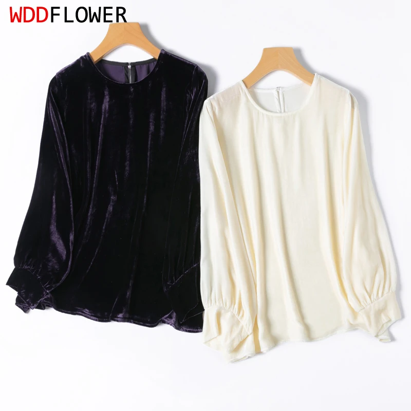 Damska jedwabna aksamitna bluzka z podszewką 100% jedwabiu morwowego Vintage fioletowa biała koszula Top O Neck Lantern Sleeve Office Lady M1215