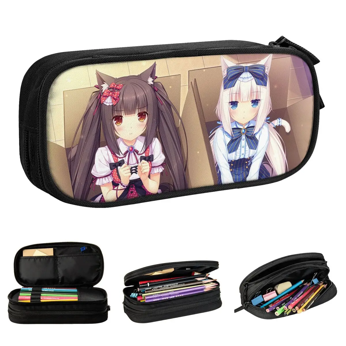 Nekopara الشوكولاته الفانيليا مقلمة الأزياء Kawaii أنيمي أوتاكو المشجعين أكياس القلم فتاة صبي سعة كبيرة مكتب التجميل قلم رصاص مربع