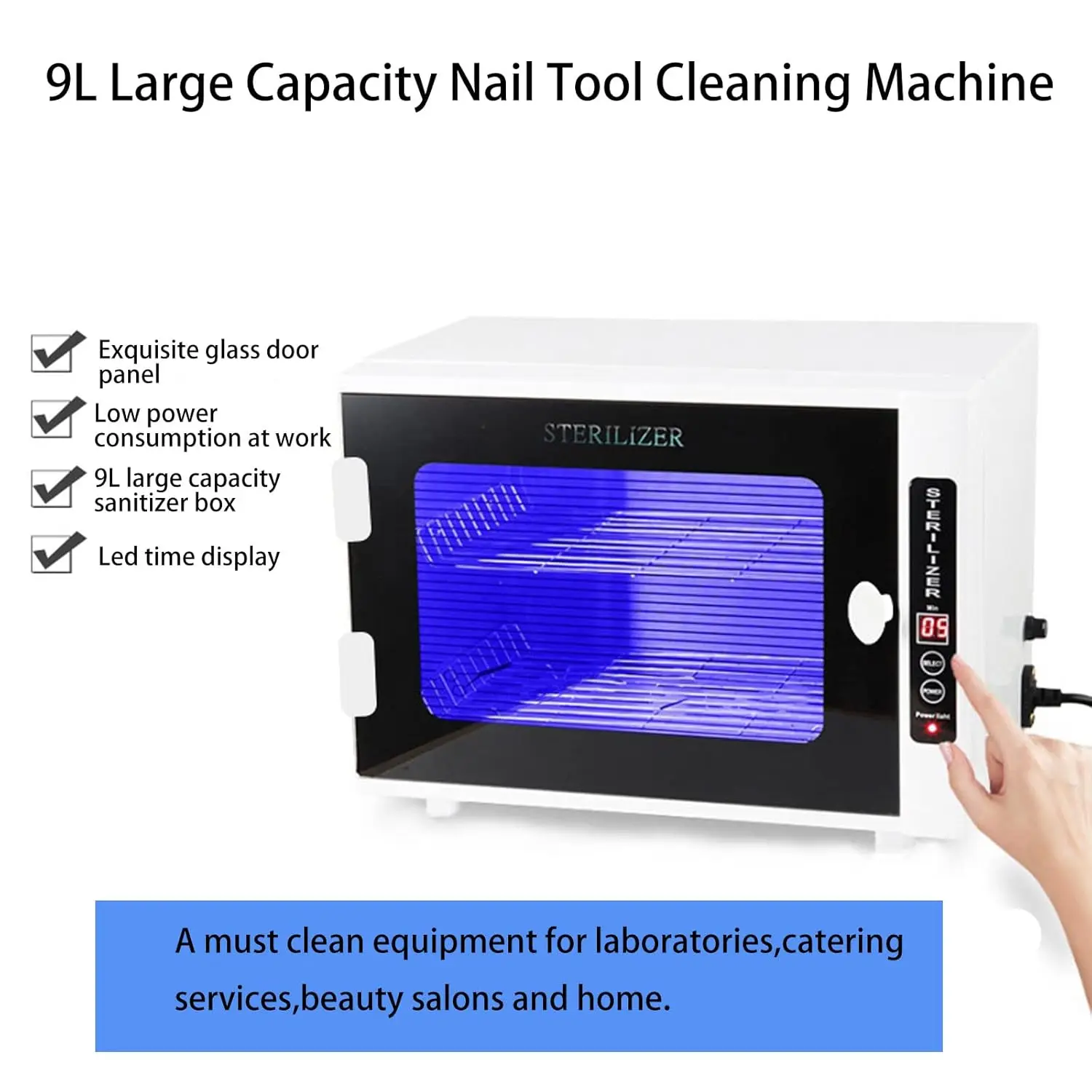 Nail Tool Sterilizer,9L Large Capacity Nail Tool Cleaning Machine，Cabinet Box Nail with Stainless Tray for Spa and Beauty Tools