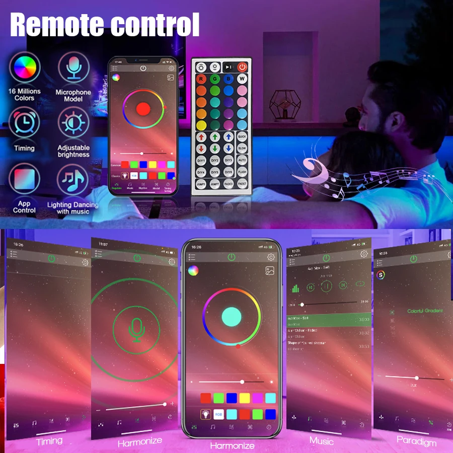 스마트 LED 스트립 조명, 무선 적외선 리모컨, 색상 변경 및 음악 동기화, 앱 제어 및 리모컨, USB 전원