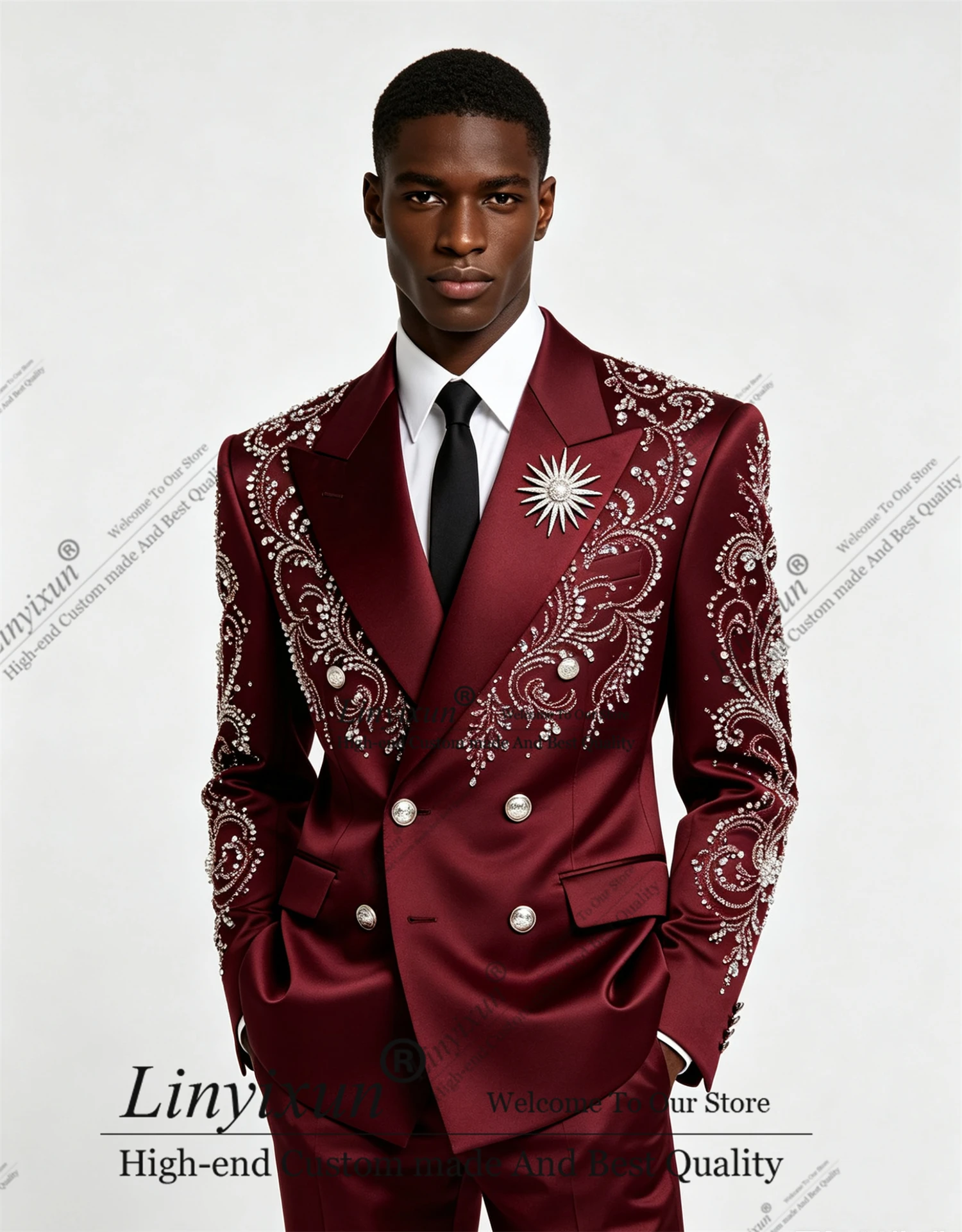 

Fashion Ornament Crystals Men Suit Customized High-quality fabric Groom Party Male Blazers 2Pieces Wedding Party calça masculina