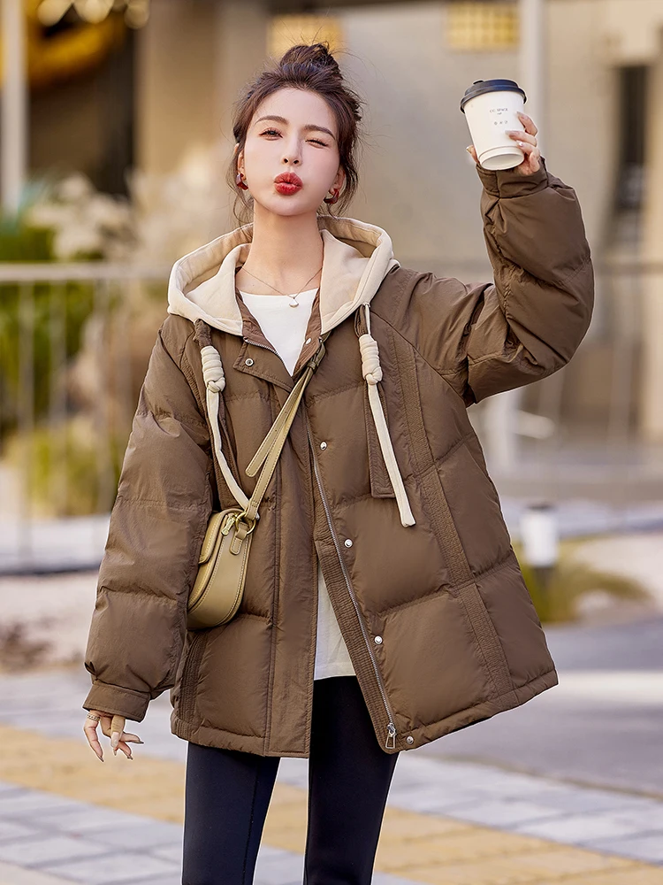 Short Puffer Coats Hooded Jackets for Women Korean Fashion Down Jacket Hat Tie Color Blocking Bread Clothe Casual Coats Down