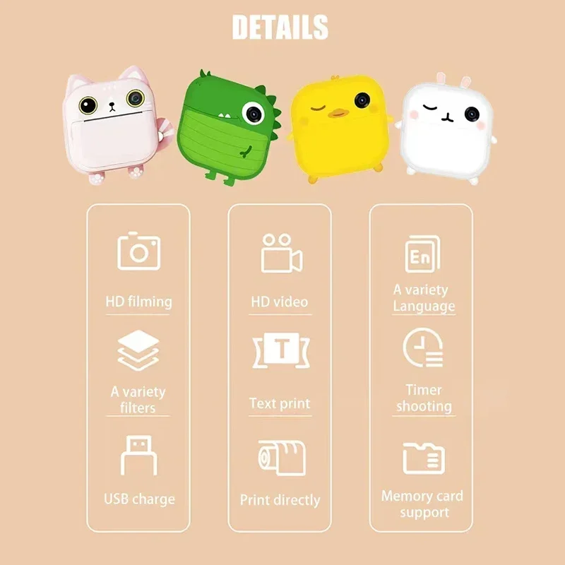 HDビデオカメラおもちゃ インスタント漫画プリントカメラ 48メガピクセル デュアルフロント＆リアカメラ 1080P 32GB クリスマスプレゼント K向け