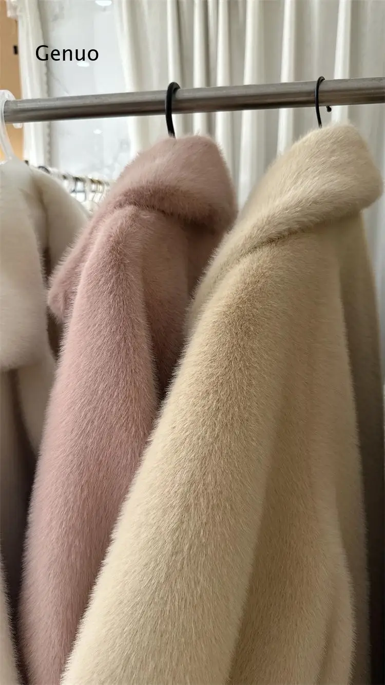 Women Beige Long Faux Mink Fur Coat Lapel Collar Winter Warm Overcoat Thick Fluffy Outerwear for Daily Wear