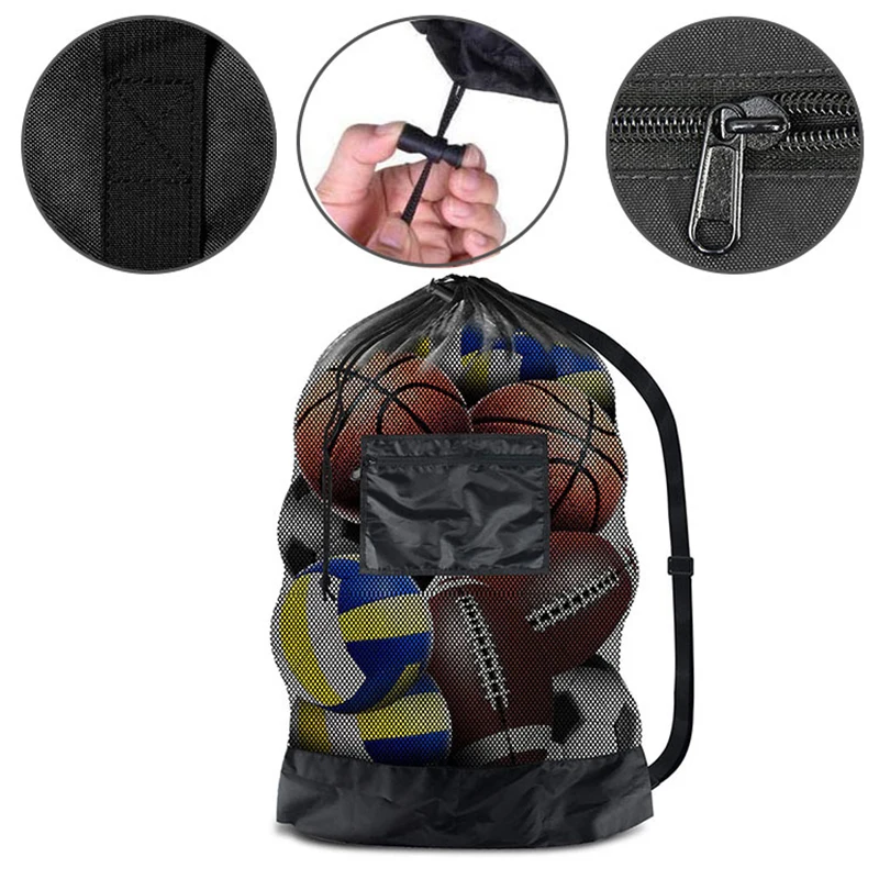 

Mesh Soccer Ball Bag Extra Large Drawstring Basketball Storage Bag With Zipper Pocket Volleyball Football Net Pack Gym Bags