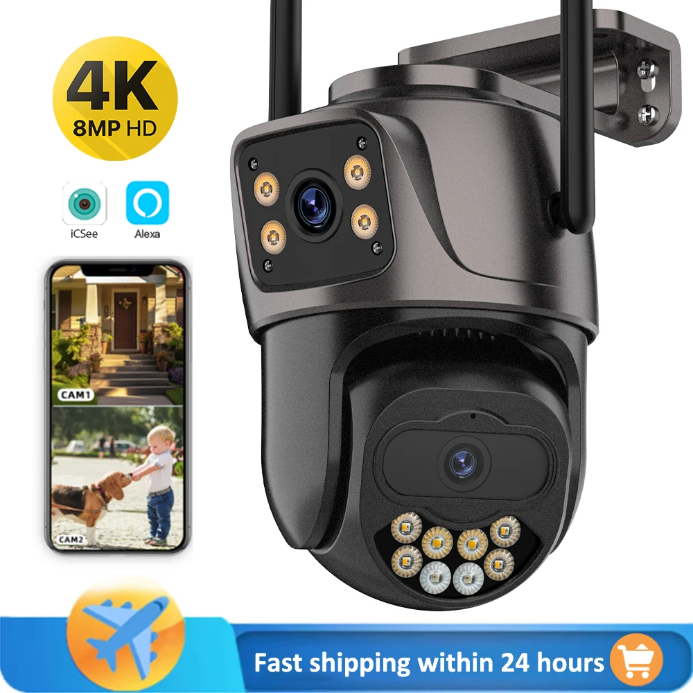 4K 8MP HD Wifi Camera PTZ Outdoor AI Human Detection Dual Screen 4MP CCTV Security IP Camera Audio Email Alarm iCSee P2P