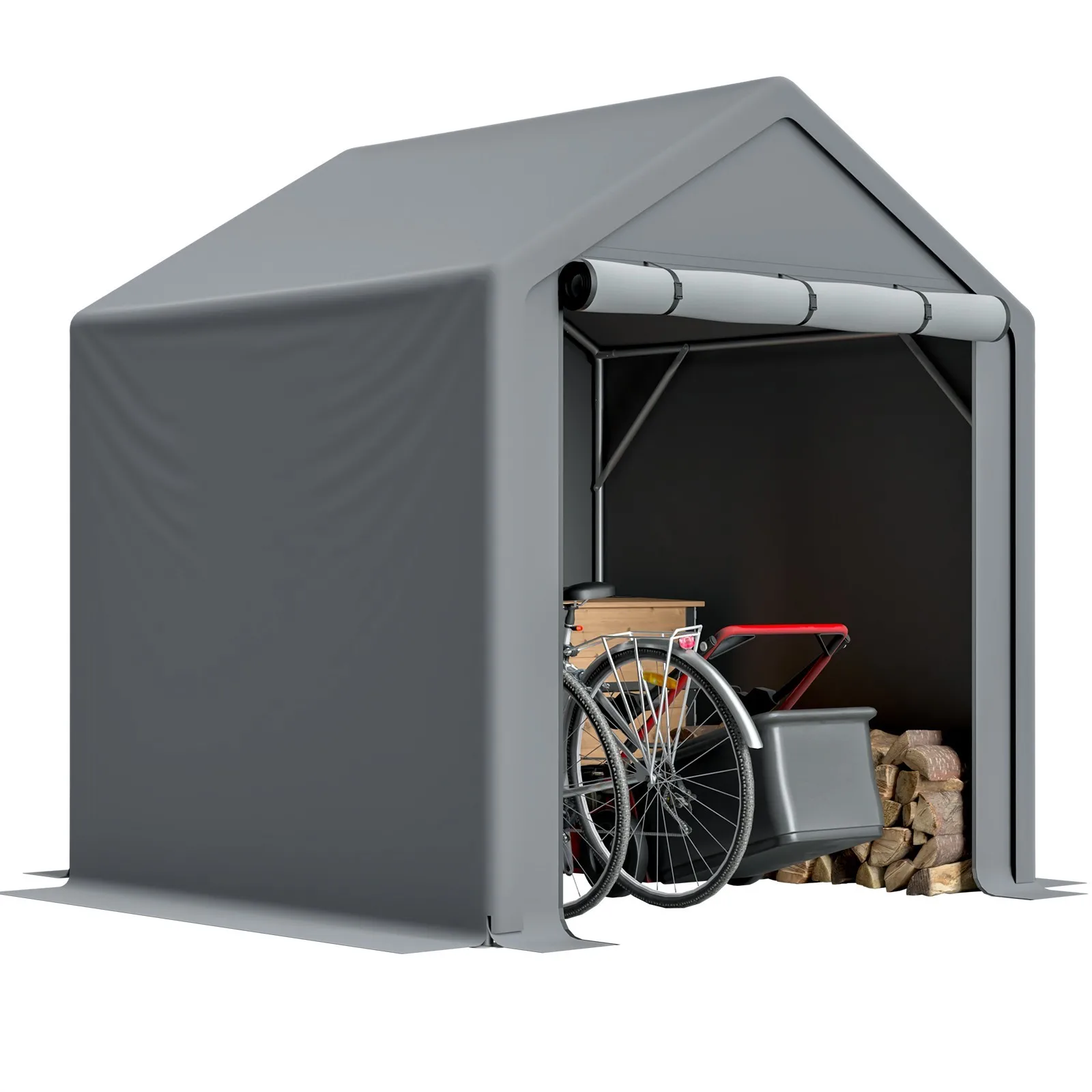 

6×6'Outdoor Portable Storage Shed Waterproof Tent With Roll-Up Zipper Door, Gray