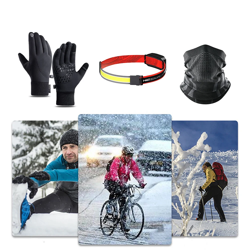 3 PCS Winter Outdoor Sports Camping Set Windproof Cycling Mask Warm Glove Sensor Headlights Fishing Bicycle Climbing Accessories