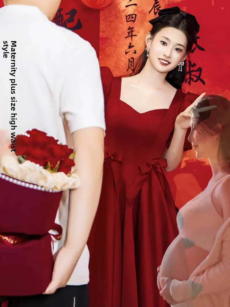 

Materni Wedding Dr Ele High Waist Long Skirt Red Satin Material Princ Sle Slimming Belly Covering Cotail Dr