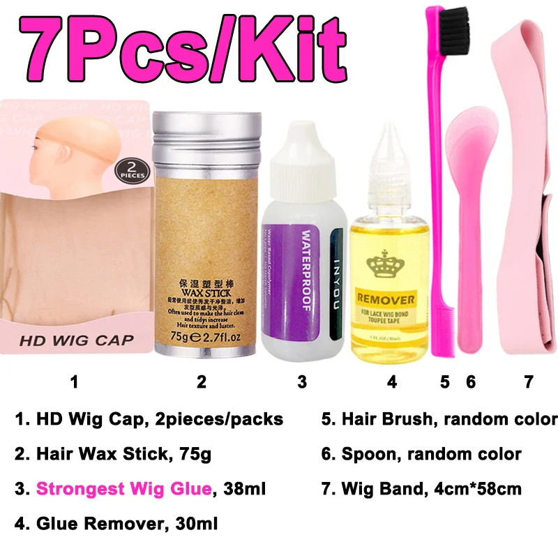 

7Pcs Wig Installation Kit Set Waterproof Strongest Hold Wig Glue And Remover Hair Wax Stick Lace Melt Band HD Wig Cap Edge Brush