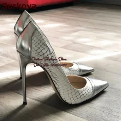 Surkova Silver Pink Snakeskin Pattern High Heel Shoes 12cm 10cm 8cm Pointed Toe Color Pathcwork Evening Shoes Size45 Dropship