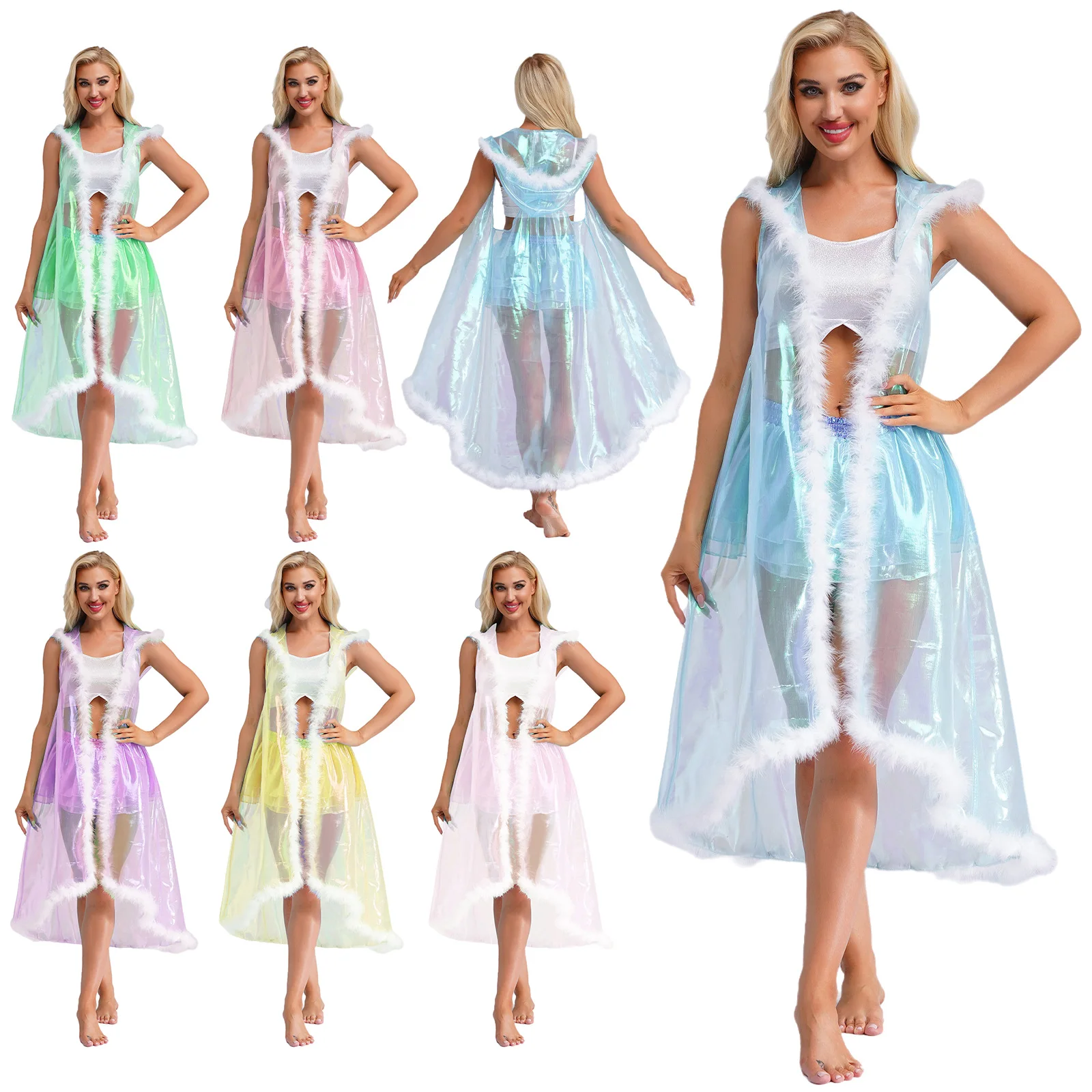 

Women Glitter Hooded Cape Halloween Carnival Party Cosplay Costume Transparent Sheer Cloak Fashion Show Cape Party Bar Club Wear