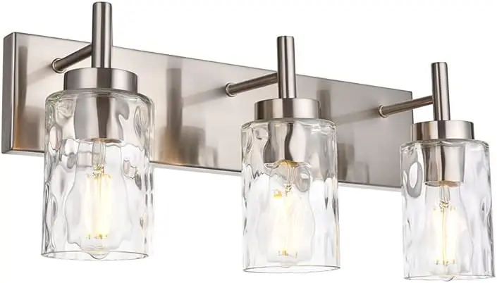 

Brushed Nickel Vanity Light Modern 3 Light Bathroom Lighting Fixture Over Mirror with Clear Hammered Glass Shade, Indus