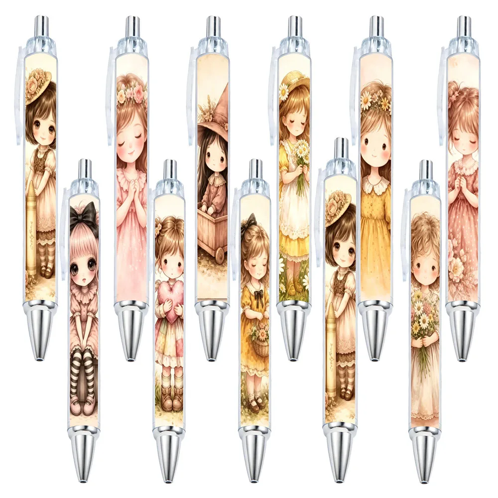 10pcs Creative Doll Styling Design Neutral Pen, Black Ink, Push to Press Design, Random Style