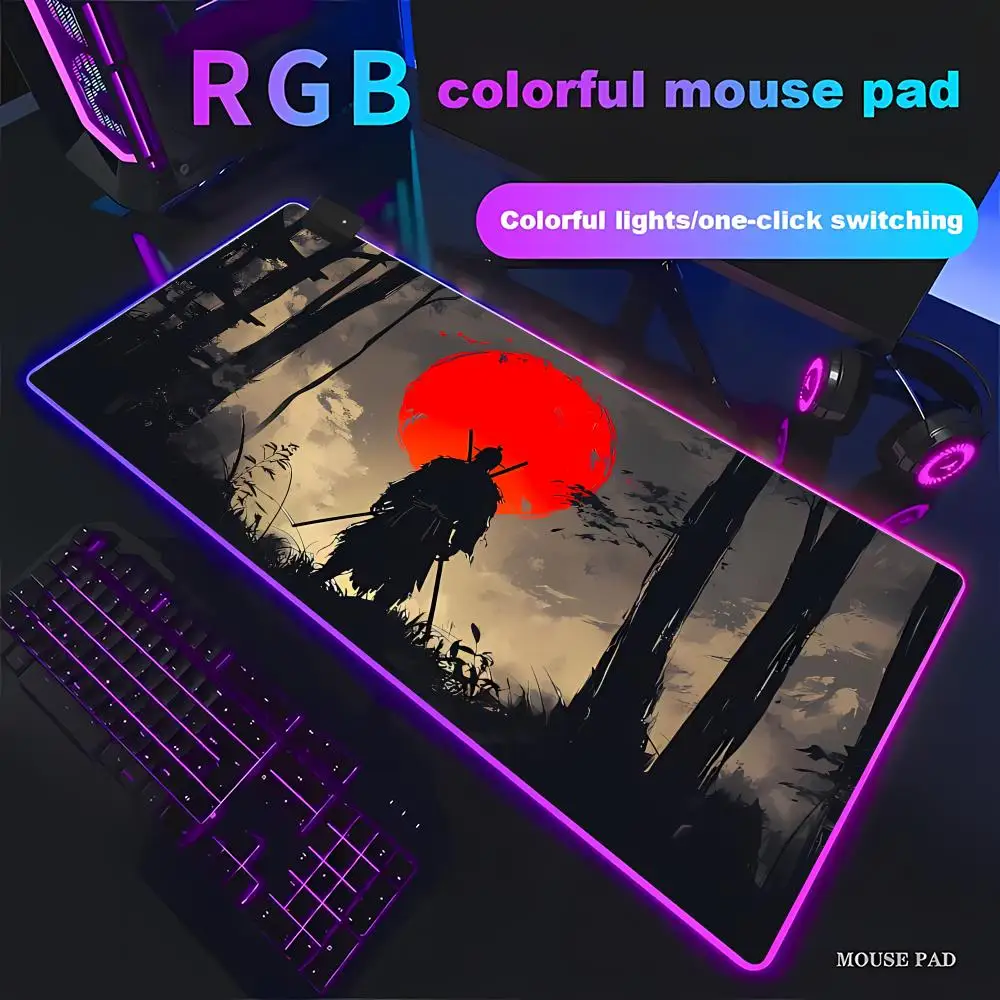 

Japanese Samurai Mouse Pad Animation RGB Gaming Mouse Pad HD Gamer Large LED Light XXL MousePads PC Computer pad Non-slip Decor