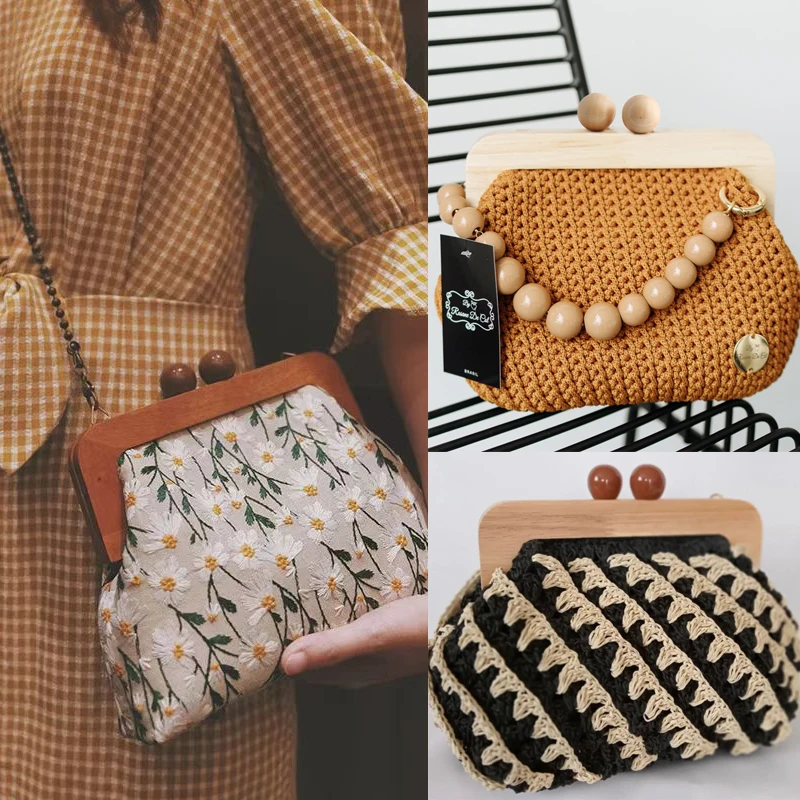 1PC Wallet DIY Frame Lock Wooden Handle Knitted Bag Retro Bag Solid Wood Curved Handle With Wooden Beads With Screws