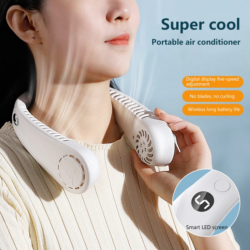 

Подвесной шейный вентилятор с цифровым дисплеем, складной бесшумный турбин, ленивая зарядка через USB, портативный безлопастной 5-скоростной шейный вентилятор с ветроэнергией