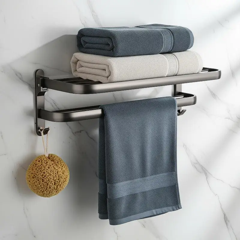 Foldable Drill-free Self Adhesive Bathroom Towel Rack Wall Mount Bath Towel Storage Hanging Rail