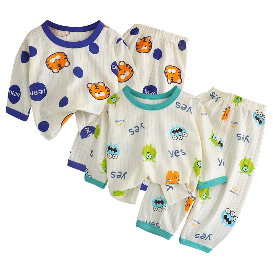 أطقم بيجامات أطفال لطيفة ومريحة مطبوعة من القطن بأكمام طويلة وسراويل علوية مناسبة للاستخدام في الصيف والليل في غرفة التيار المتردد