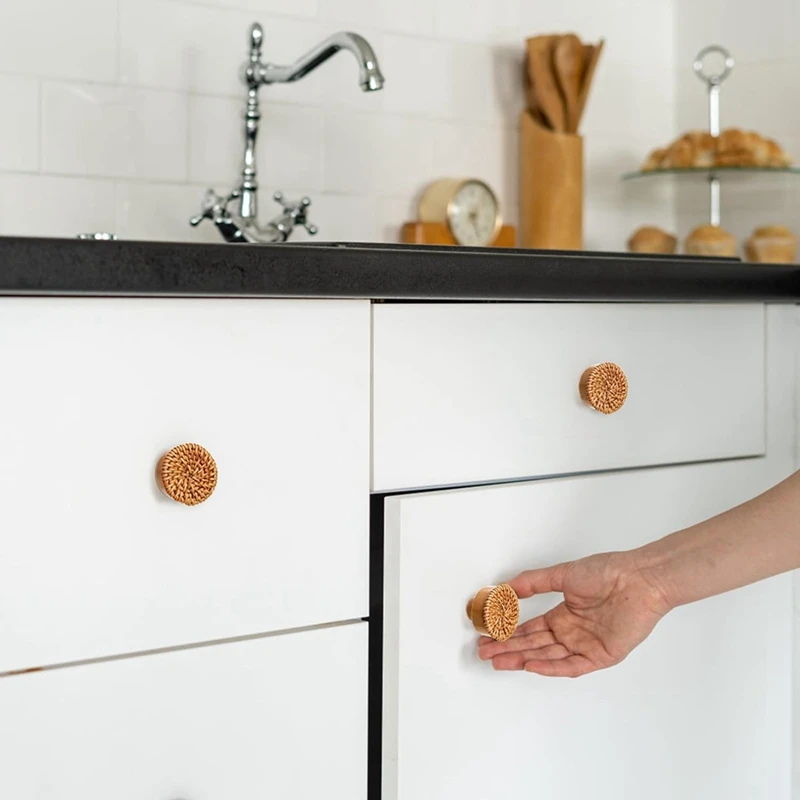 16 упаковок ручек для комода из ротанга в стиле бохо, круглые ручки для шкафа, деревянные ручки для ящиков мебели, плетеные ручки ручной работы, прочные