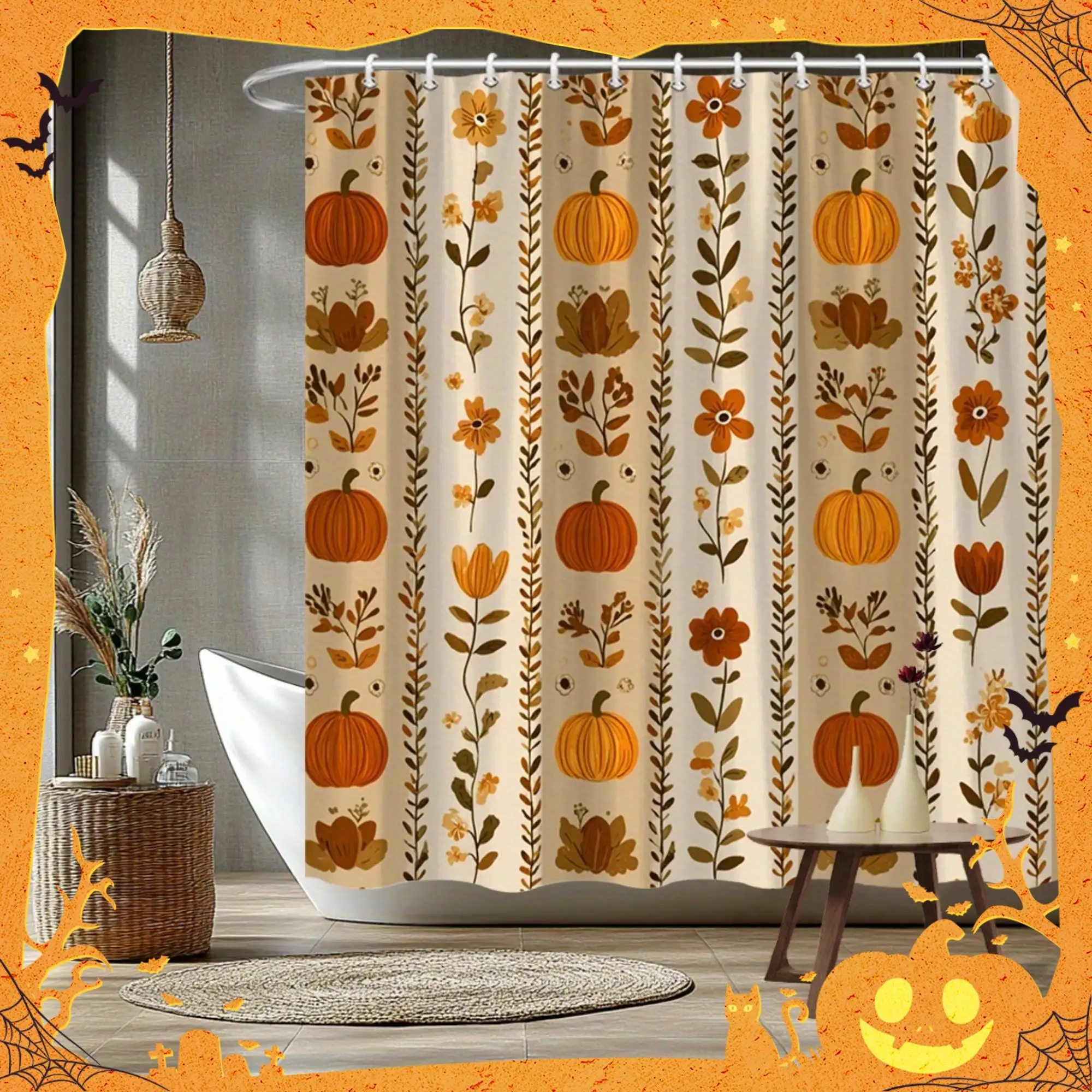 Fall Pumpkin Floral Shower Curtain, 70.8 x 70.8 Inch Polyester Bath Curtain with 12 Hooks, Cozy Autumn Bathroom Decor