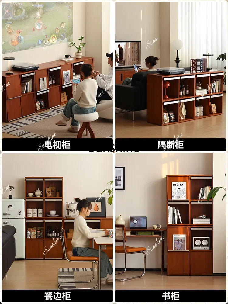 

Nordic retro solid wood, floor-to-ceiling bookcase, lattice, combined cabinetX