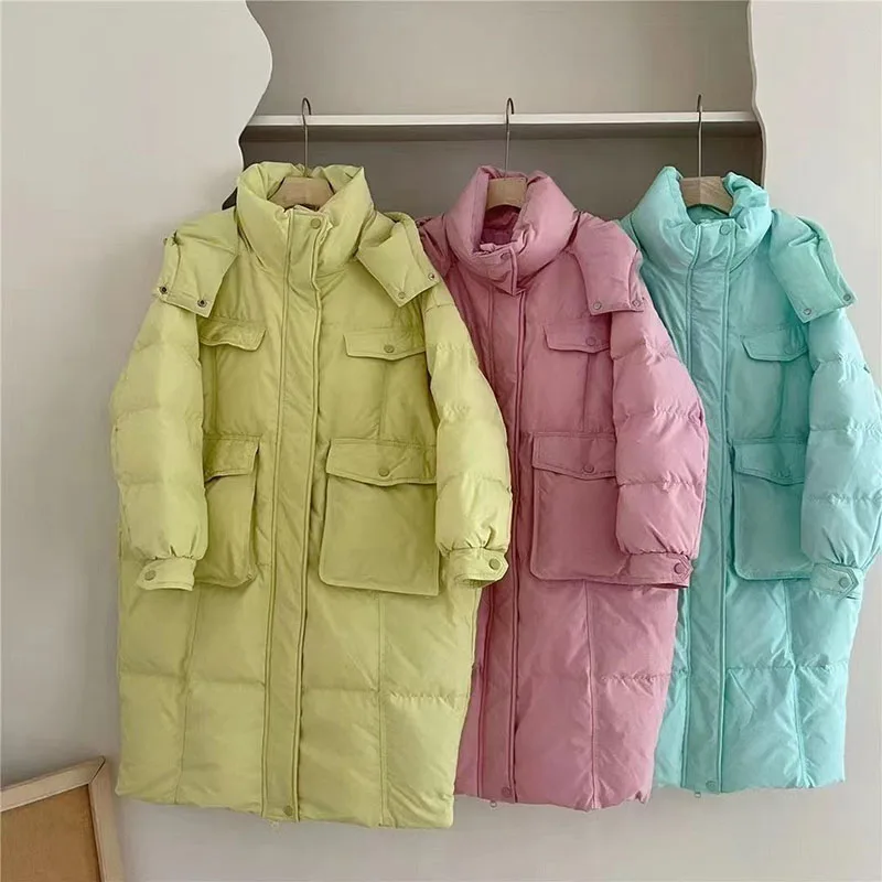 Korea Mid-length Down Cotton Coats Tops Hooded Fashion Casual Abrigo Warm Snow Wear Parkas Winter Women Loose New Jacket Casaco