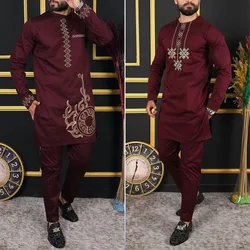 2Piece Sets Mens Outfit Embroidered Pocket Long Sleeve Top Pants Men's Wedding Suit Business Ethnic Casual Wear Tee Shirt Homme