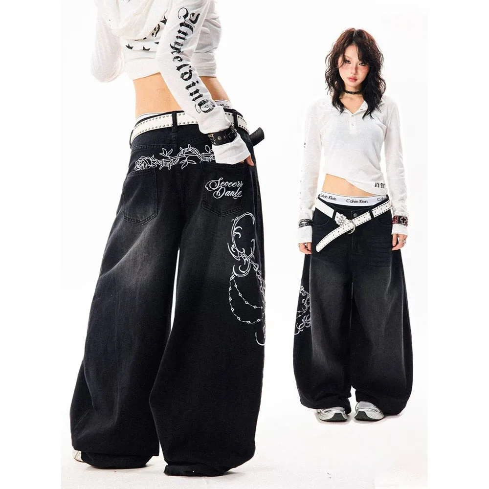 Letter Pattern Women's Denim Pants Vintage Style Solid Color Jeans High Elastic Spice Girls Trousers Casual Style Pants