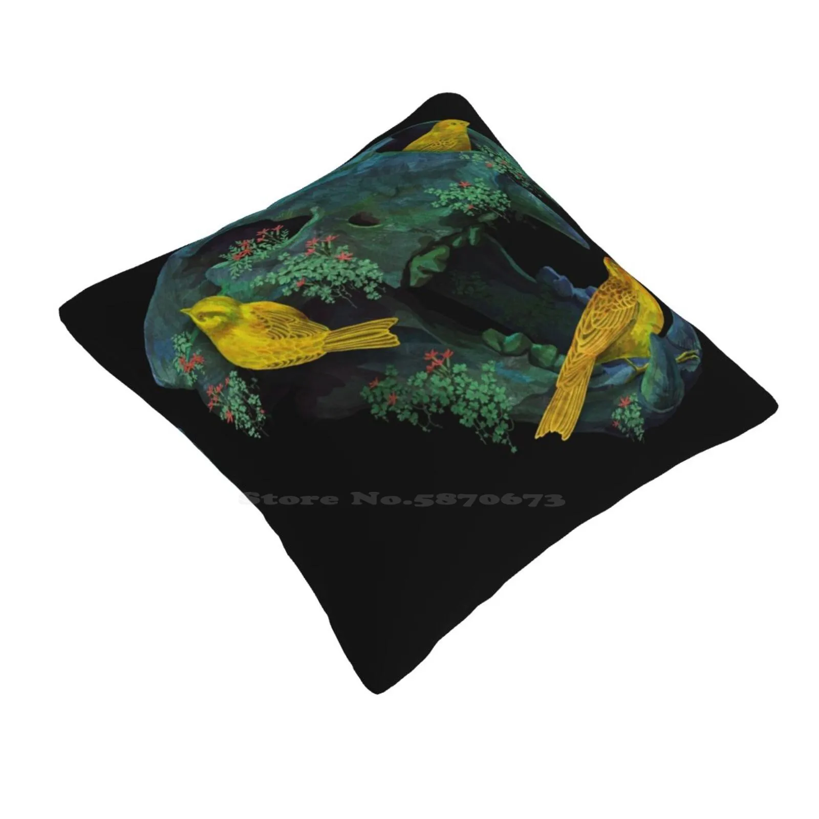 Three Little Birds Bedroom Office Hug Pillowcase Birds Skull Cat Lyon Nature Flowers Plants Artistic Texture Artsy Green Yellow